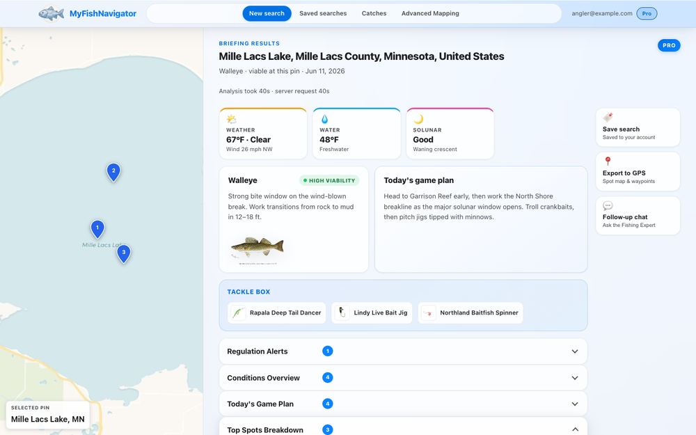 MyFishNavigator web briefing for Mille Lacs Lake, showing a map with numbered pins, weather, a walleye card, and today's game plan.