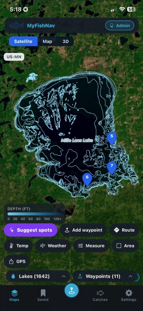 MyFishNavigator mobile map of Mille Lacs Lake with a shoreline outline, numbered waypoint pins, a depth slider, and Satellite, Map, and 3D tabs.