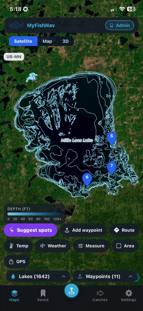 MyFishNavigator mobile app showing Mille Lacs Lake bathymetry, waypoints, and mapping tools