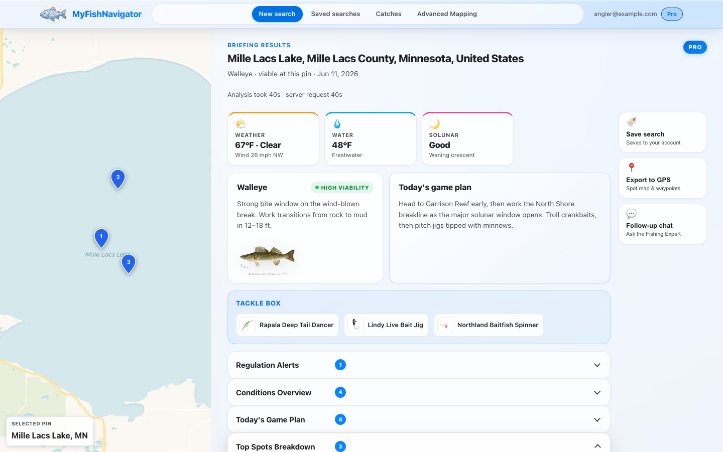 MyFishNavigator briefing results — map with TOP SPOTS pins and walleye game plan for Mille Lacs Lake